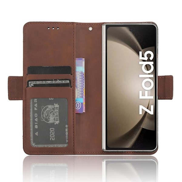 Samsung Galaxy Z Fold5 Skindfølsom Kalveskindstekstur Kortlommer Læder Mobiltelefonetui Med Penholder Brown