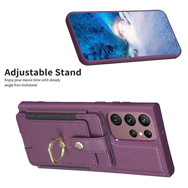 Mobiltelefonveske for Samsung Galaxy S22 Ultra 5g Bf27 Metallring Kortlommeholder Dark Purple