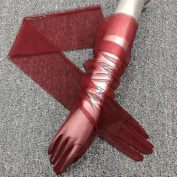 MIMIGO Långa Transparenta Tullehandskar Ultra Tunna Vantar Brud Armbågshandske Red1
