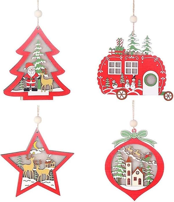 4 stykker julepynt i tre, DIY-trepynt, juletrpynt og festpynt med LED