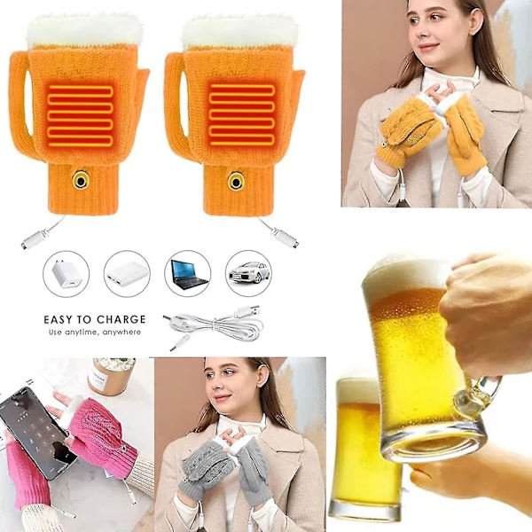 Varmhållande USB-handskar för kvinnor & män - Stickade, hela & halva fingrar, värmande utan fingrar med knapp, tvättbar design_as yellow