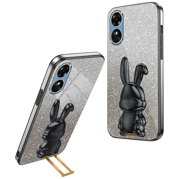 For Oppo A58 4G Anti-Scratch Cartoon Rabbit Cover Support Kickstand Telefondeksel Black