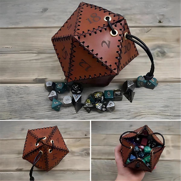PU Læder D20 Terningpose, Polyhedral Terningpose Bærbar Snørepose til , Spil, DND Terningpose, Br