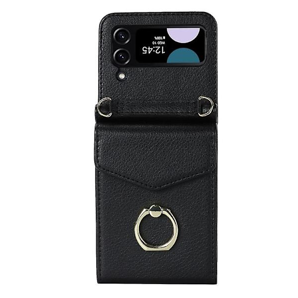 Samsung Galaxy Z Flip4 -puhelinkotelo, jossa litchi-kuviointi, RFID-korttipaikka ja rengaskiinnike Black