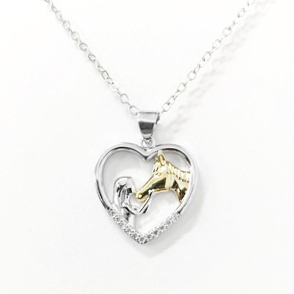 Hästgåvor till kvinnor flickor, silver flicka och häst halsband kubisk zirkonia hästsko hjärta hänge sterling silver halsband hästälskare smycken en golden