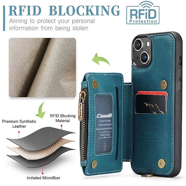 Caseme C20 Multifunktionel RFID Læder Mobiltelefonetui til iPhone 15 Blue iPhone 15