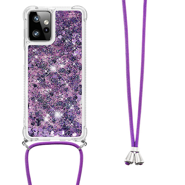 For Motorola Moto G Power 5g Case Tpu Glitter Liquid Phone Cover Med Lanyard Dark Purple Hearts