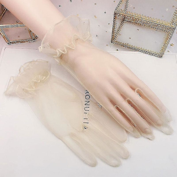 MIMIGO Lange Gennemsigtige Tulle Handsker Ultra Tynde Vanter Brude Albuen Handske Beige1