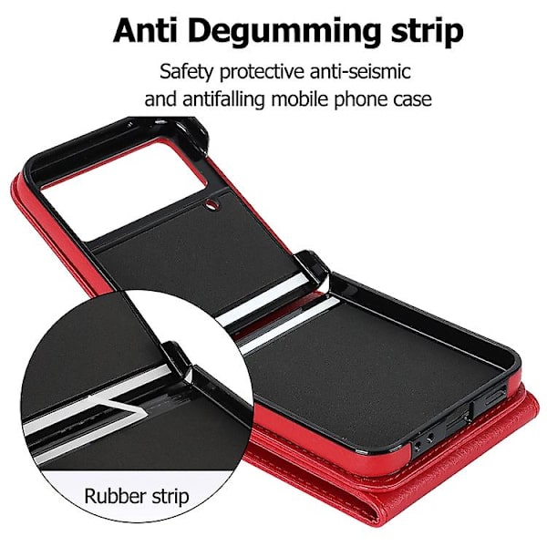 Samsung Galaxy Z Flip4 -puhelinkotelo, jossa litchi-kuviointi, RFID-korttipaikka ja rengaskiinnike Red