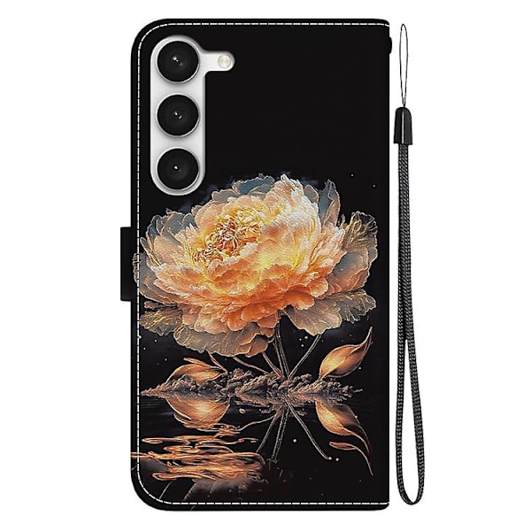 Mobiltelefonskal i läder med kristalltextur och färgad teckning för Samsung Galaxy S23 5g Gold Peony
