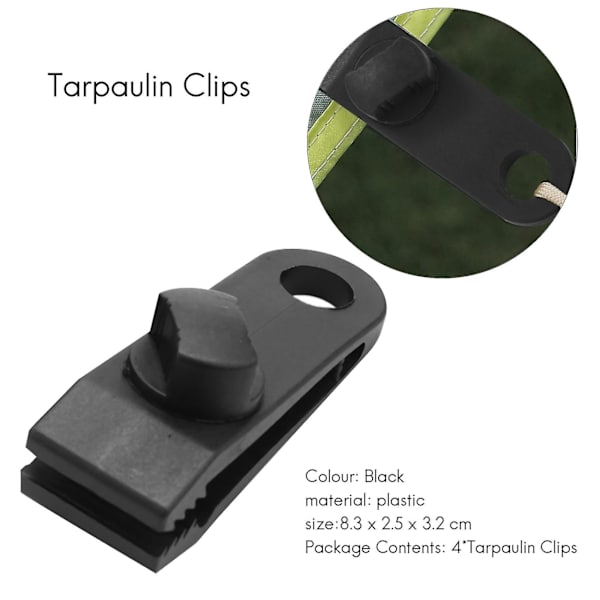 4-pack Tarpklämmor - Vindtåliga, robusta klämmor för markiser - Tältklämmor för camping, presenningar, husvagnar, trädgårdsskydd, svart