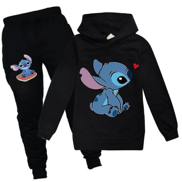 Lilo Stitch Träningsoverall 2st Hooded Top Hoodie Byxor Outfit Set Sportkläder för barn Black 160 cm