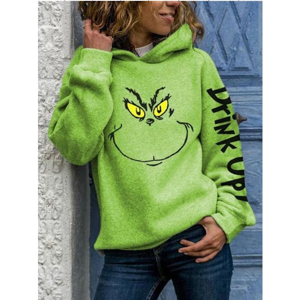 Dame Casual Trykt og Grinch Ansigt Drikke Jule Hoodie hoodie XXXL