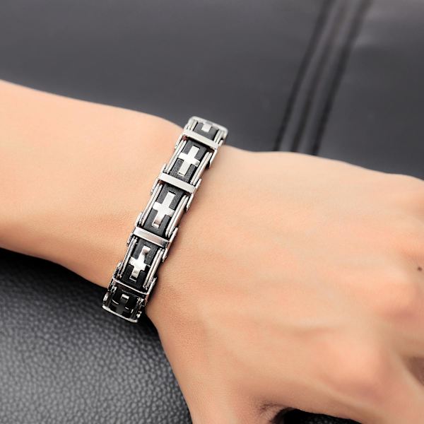 Rutiga Mönster Kors Rostfritt Stål Svart Silver En-Delar Armband