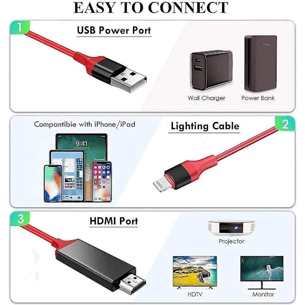 SQCLV [Apple-certifierad] Lightning till HDMI-adapterkabel, 1080P Digital AV Synkroniserad ljud- och videokontaktkabel för TV/projektor/skärm - 2 meter Röd