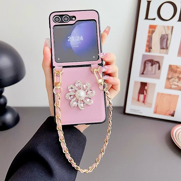 Til Samsung Galaxy Z Flip5 5g Integreret Morandi Diamant Blomst + Kæde Mobiltelefon Cover Pink