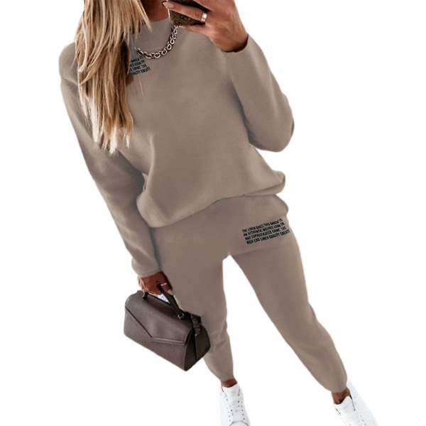 Women's Tracksuit Two Pieces Autumn Fashion Solid Casual Long Sleeve Pullover Outfits High Waist Bandage Pants Oversized Hoodies Khaki(72718) L