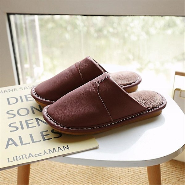Mäns Mysiga Äkta Ko-Läder Hög Densitet Skum Anti-Halk Sula Tofflor Med Super Mjuk Foder Inomhus/Utomhus WINE SIZE 26 WOMEN