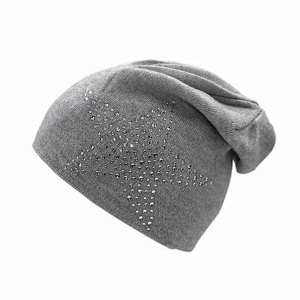 Dame Vinter Varm Strikket Beanie Lue Rhinestone Stjerne Slapp Skull Dobbeltsidig Lue pale grey