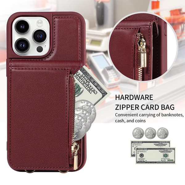 Fodral för iPhone 15 Pro, stöttåligt Pu+tpu-kickstand, plånbok med dragkedja, telefonskydd Wine Red