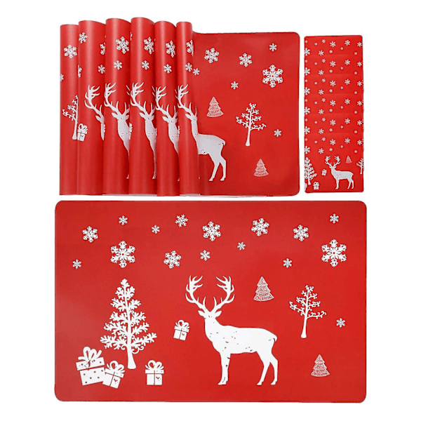 Christmas Placemat Washable Table Place Mat Sets Of 6 Placemat & 6 Cup Mats,, Christmas Tree, Snowflake Printed (red)