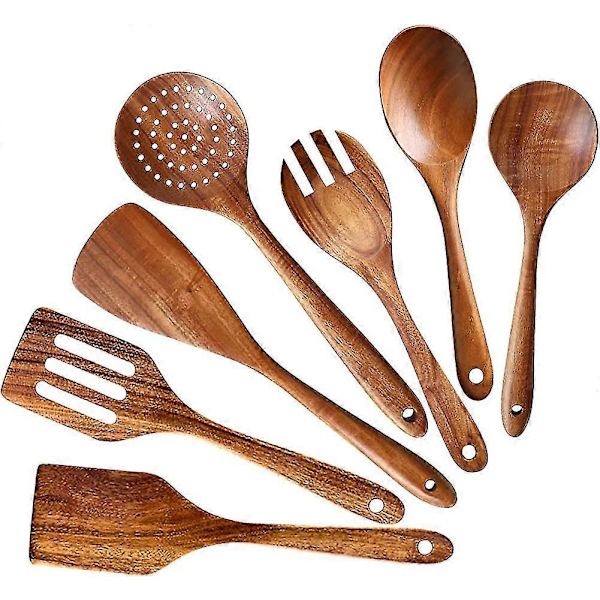 7 st Heilwiy Bästa Köksredskap i Trä Non-Stick Matlagningsskedar Träspatel Serveringssked Gåva