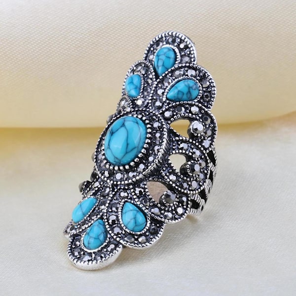 Vintage Inlagd Turkos Rhinestone Fingerring ihålig fest symmetrisk smycken US 8