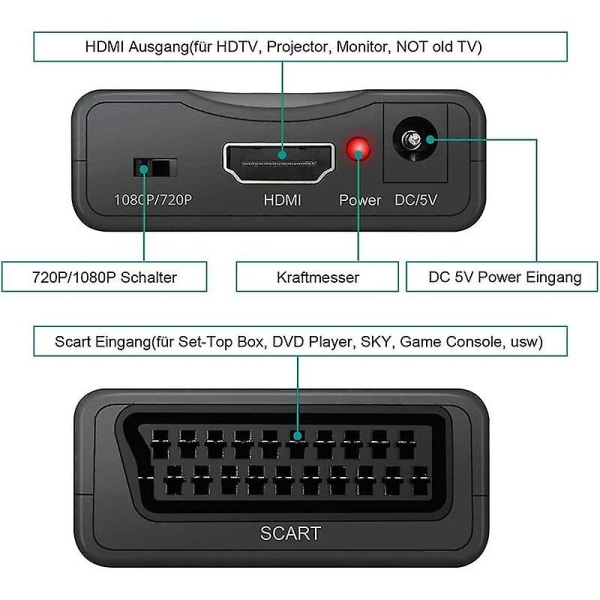 Scart To Hdmi Converter, Scart To Hdmi Video Converter 1080p/720p Compatible With Hdtv Stb Vhs Xbox Ps3 Sky Dvd Blu-ray