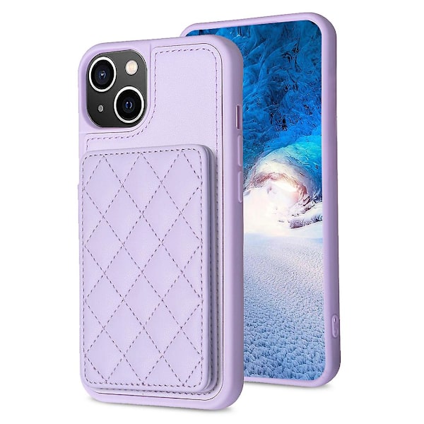Bf25 för iPhone 14 Plus korthållare stativ telefonfodral kollisionstålig läderbelagd Tpu-skydd Purple