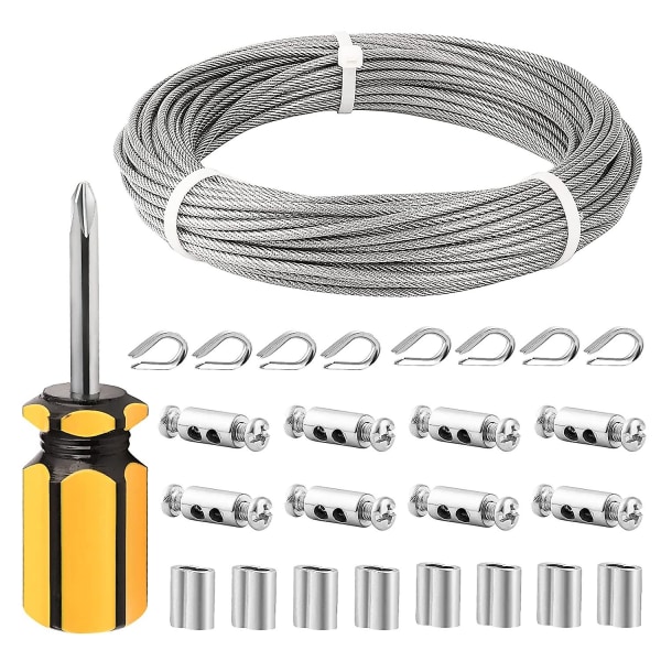 20m Stainless Steel Rope Hanging Kit, 3mm Pvc Coated Wire Rope, With Aluminum Crimp Sleeves, Double Holes Wire Rope Plier And Screwdriver