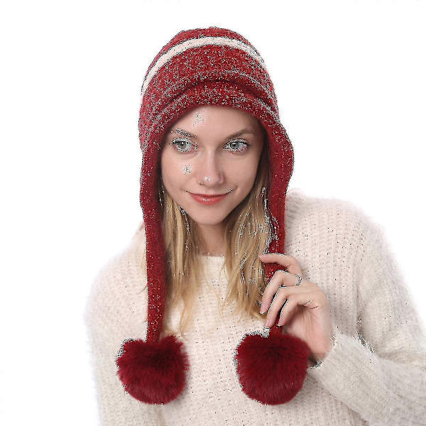 Naisten perulainen korvaläpällinen pipohattu neulottu pom pom talvi lumisade hiihtohattu dark red