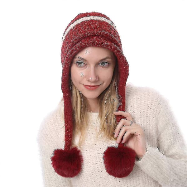 Peruansk mössa med öronlappar för kvinnor, stickad vintermössa med pompom dark red