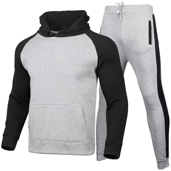 Mens Tracksuit Set Winter Warm Hooded Sweatshirt + Joggers Pants Casual Sports Outfits Light Gray Black 2XL