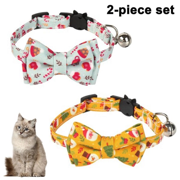 2 Pack/set Christmas Cat Collar Breakaway With Cute Bow Tie And Bell For Adjustable Safety Pet Supplies