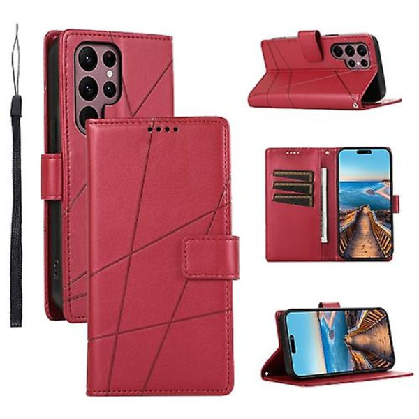 Til Samsung Galaxy S22 Ultra 5g PU Ægte Læder Tekstur Prægning Linje Mobiltelefon Etui Red