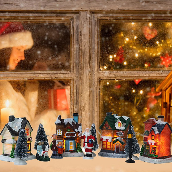 Christmas Village sæt - harpiks dekoration med led lys, børnegave