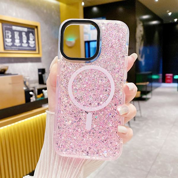 For iPhone 15 Glitter TPU + Akryl Telefondeksel Kompatibel med MagSafe Støtsikker Bakdeksel Pink