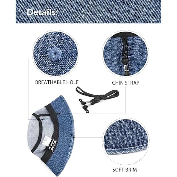 Overdimensjonert bøttehatt i denim, retro solhatt med bred brem og UV-beskyttelse, stor størrelse, reisehatt