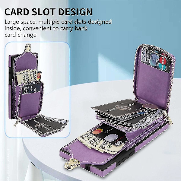 Til Samsung Galaxy S24 Ultra lynlås pung etui, kortholder lædercover med crossbody snor til kvinder Purple