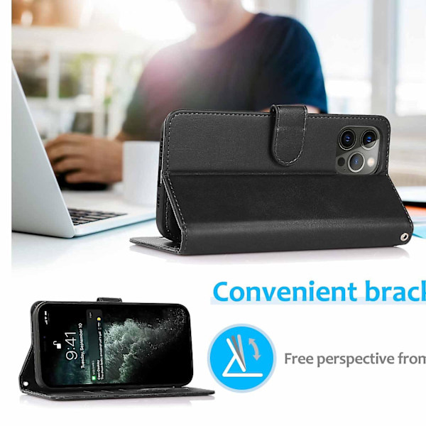 For iPhone 15 PU Lær Lommebok Telefondeksel Stativ 2-i-1 Avtakbart Magnetisk Deksel med Rem Black