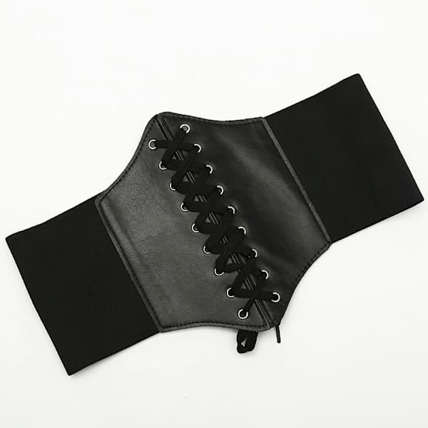 Todelt midjebelte i skinn for kvinner, retrostil, elastisk bånd, svart.
