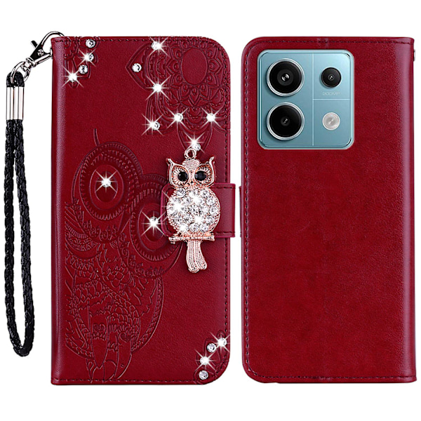 For Xiaomi Redmi Note 13 4G Case Rhinestone Leather Phone Cover Owl Flower Pattern