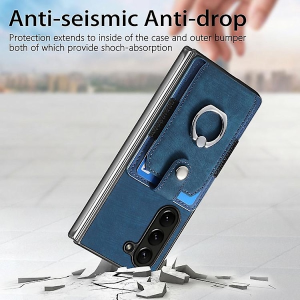 Retro Skin-følelse Ring Multi-kort Lommebok Mobiltelefonveske for Samsung Galaxy Z Fold5 5g Blue