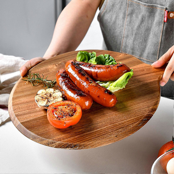 Træpizzafad med Langt Håndtag Rundt Skærebræt Hakkebræt Grøntsags Kage Brød Dessert Steak Kød Serveringsbakke Fade Køkkenudstyr