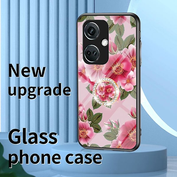 OnePlus Nord CE3 5G -kotelo, kukkakuvio, karkaistu lasi, jalusta, puhelinkotelo Purple Magnolia
