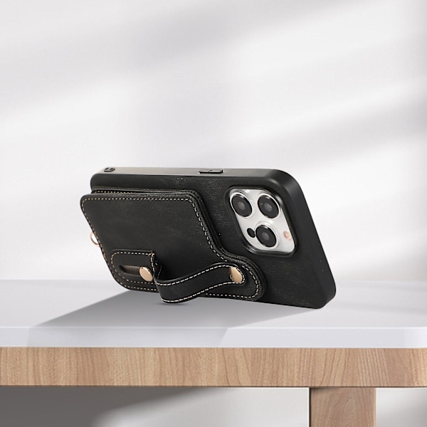 Fodral för Iphone 14 Pro Max med stativ och kortfack i TPU+läder Black