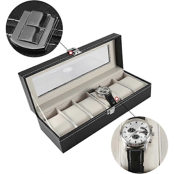 Læder urkasse med 6 rum, urkasse, display, ur, smykkeorganisator, mænd, damer 6-digit watch box