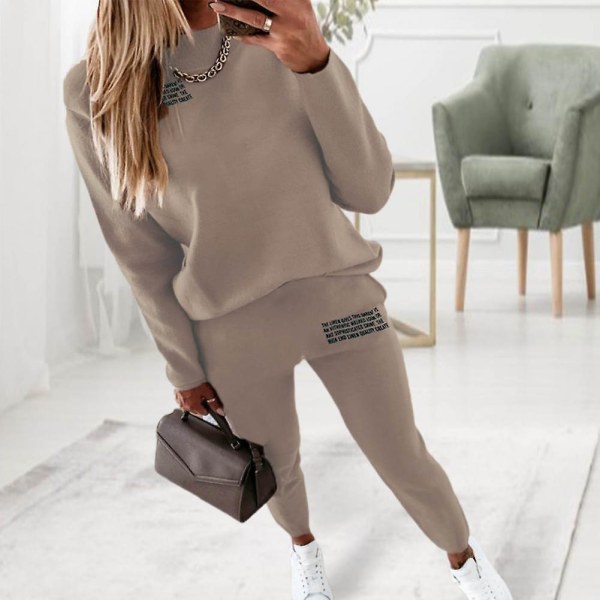 Women's Tracksuit Two Pieces Autumn Fashion Solid Casual Long Sleeve Pullover Outfits High Waist Bandage Pants Oversized Hoodies Khaki(72718) L