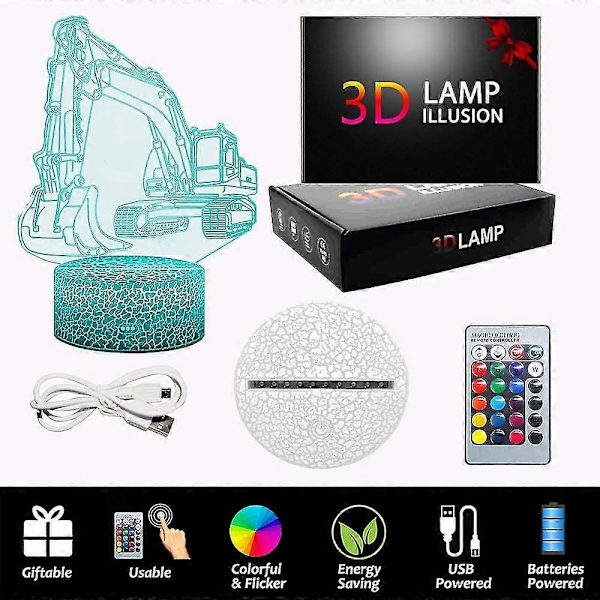 3D Lys Gravemaskin Grab Motor Vehicles Serie Nattlys Illusions LED Lampe Fjernkontroll Julegave Ideer For Gutter Barn Tenåringer (Gravemaskin)
