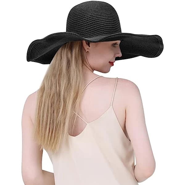 Damehat, bred skygge, solhat, åndbar, UV-beskyttende strandhat, UPF 50+, sort